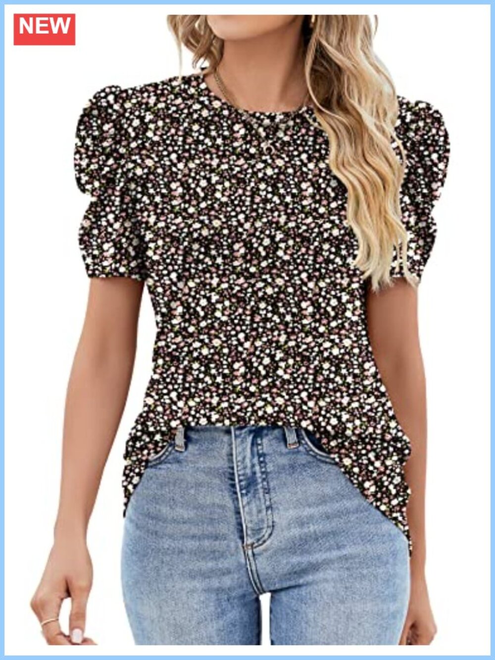 Puff Short Sleeve Eyelet Top Womens Summer Crewneck Loose Blouse